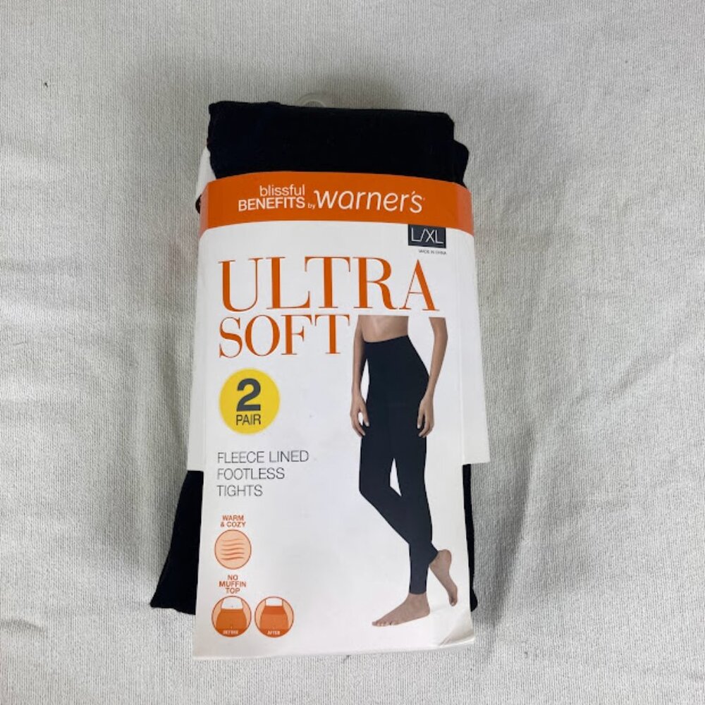 Warner's Ultra Soft Fleece Lined Footless Tights 2 Pair Black L/XL NIP